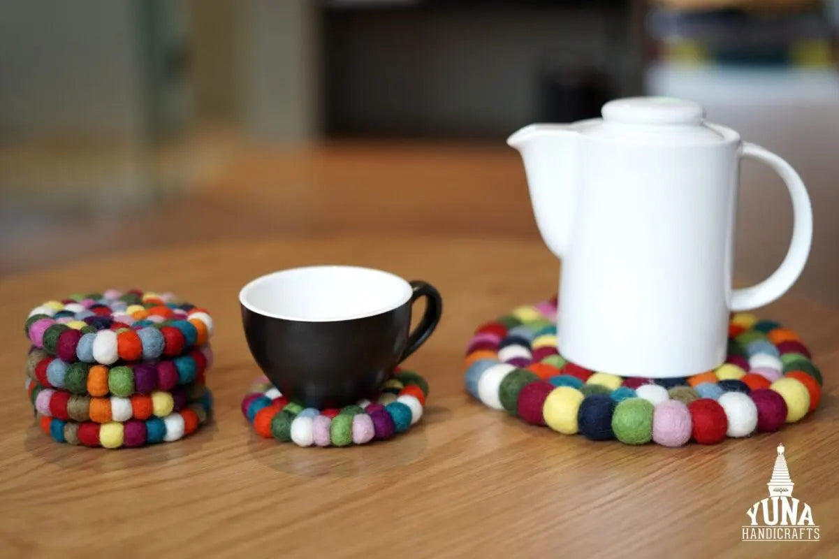Multicolor Felt Ball Coasters And Trivet Set