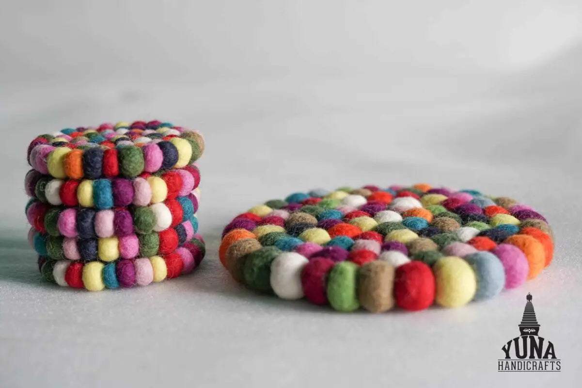 Multicolor Felt Ball Coasters And Trivet Set