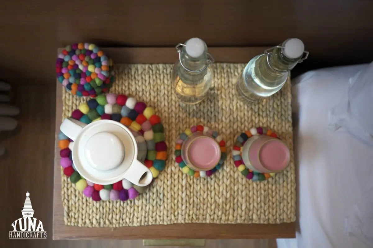 Multicolor Felt Ball Coasters And Trivet Set