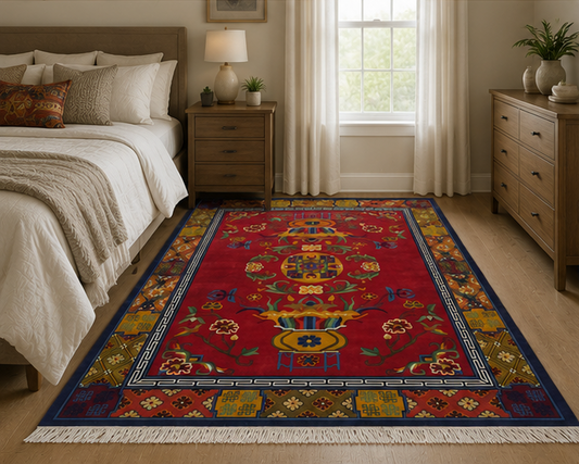 flower and Endless Knot border Tibetan rug