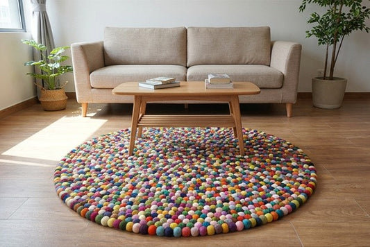 multicolored felt ball rug round handmade