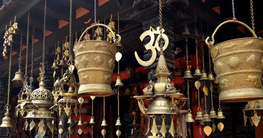 metal handicrafts hanging in a local shop in Nepal
