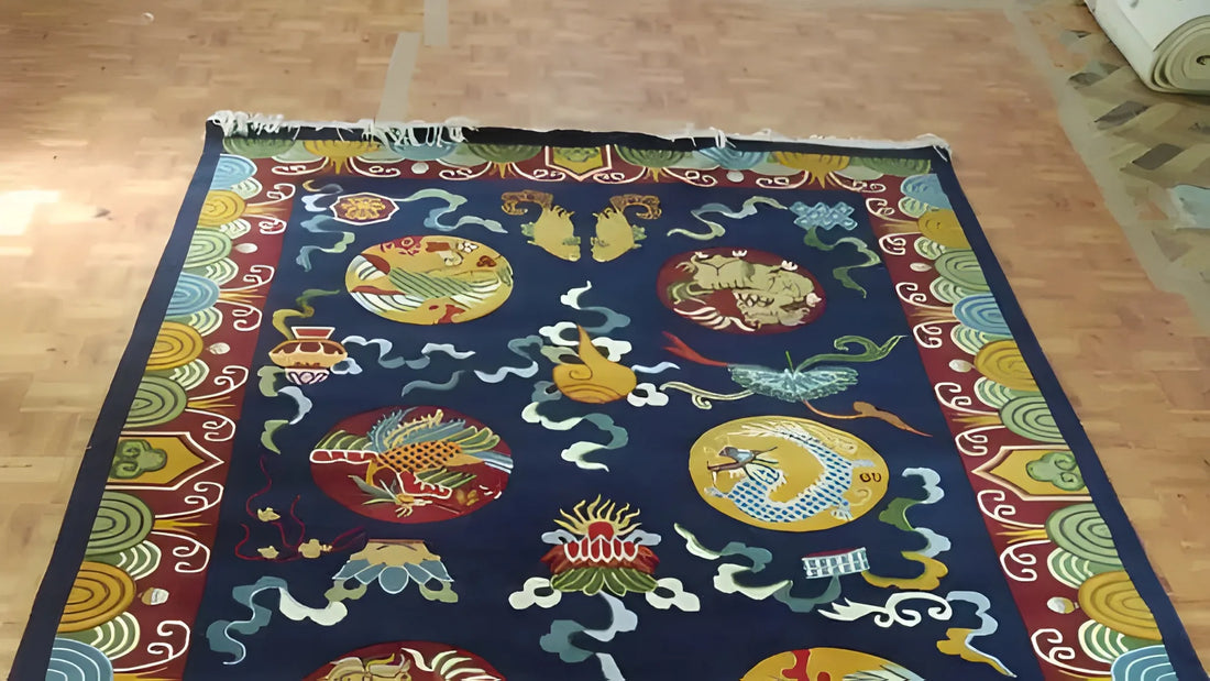 tibetan rug with many symbols