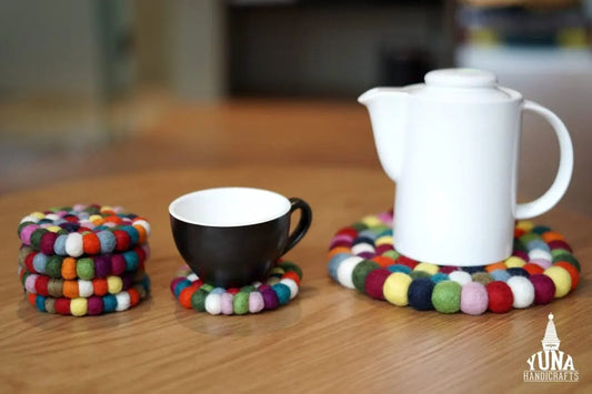 Multicolor Felt Ball Coasters And Trivet Set