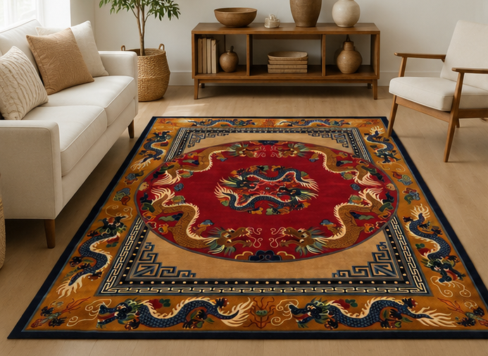 Endless Knot Tibetan dragon rug red handmade Nepal