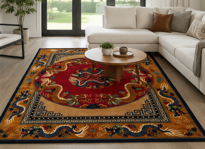 Endless Knot Tibetan dragon rug red handmade Nepal