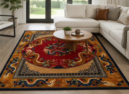 Endless Knot Tibetan dragon rug red handmade Nepal