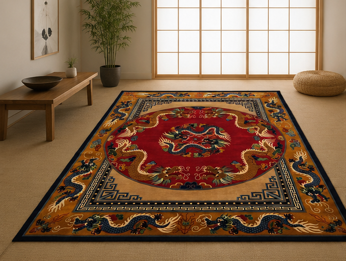 Endless Knot Tibetan dragon rug red handmade Nepal