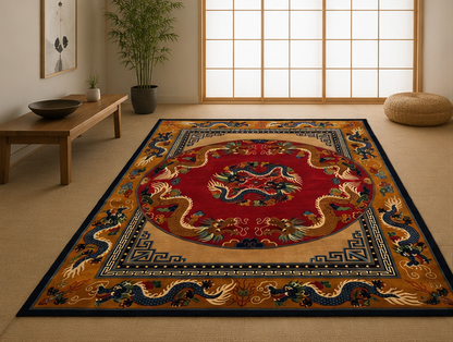 Endless Knot Tibetan dragon rug red handmade Nepal