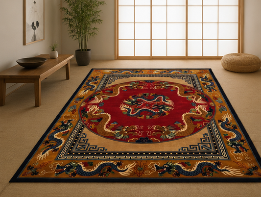 Endless Knot Tibetan dragon rug red handmade Nepal