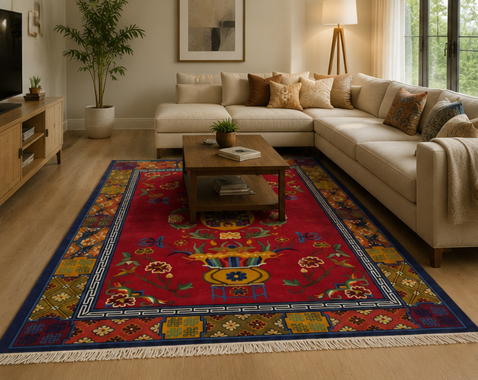 flower and Endless Knot border Tibetan rug
