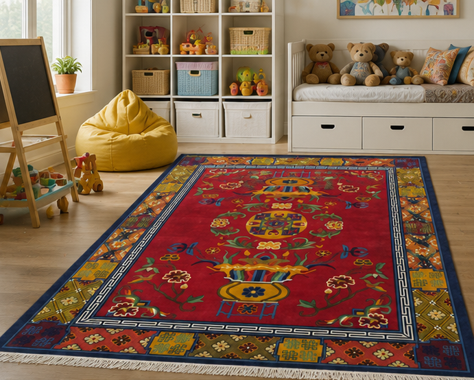 flower and Endless Knot border Tibetan rug