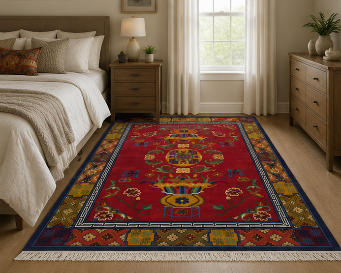 flower and Endless Knot border Tibetan rug