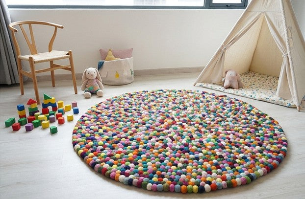 multicolored felt ball rug round handmade