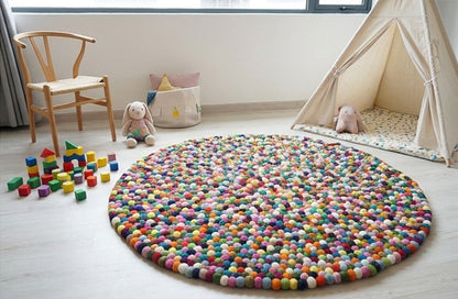 multicolored felt ball rug round handmade