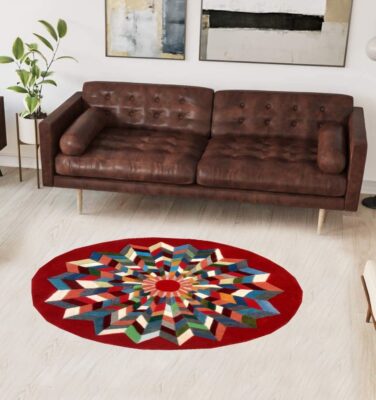 Buddhist mandala design round wool area rug